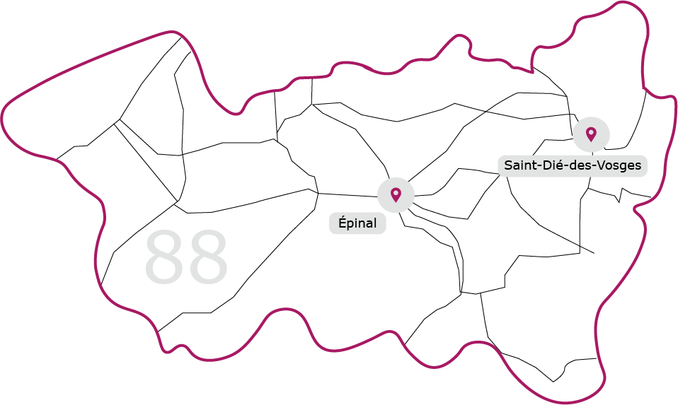 Carte du département français des Vosges (88) mettant en évidence les emplacements d'Épinal et de Saint-Dié-des-Vosges avec des épingles de carte.