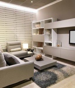 Sala de estar moderna con sofá gris, sillón, mesa de centro, estantes de pared y persianas grandes.