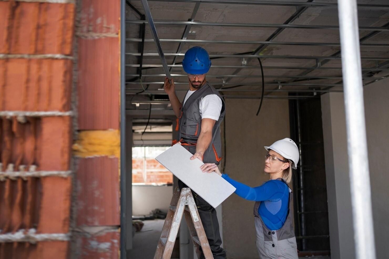 Dos trabajadores con cascos inspeccionan los trabajos de techado en una obra de construcción; uno de ellos está subido a una escalera sujetando una tabla.
