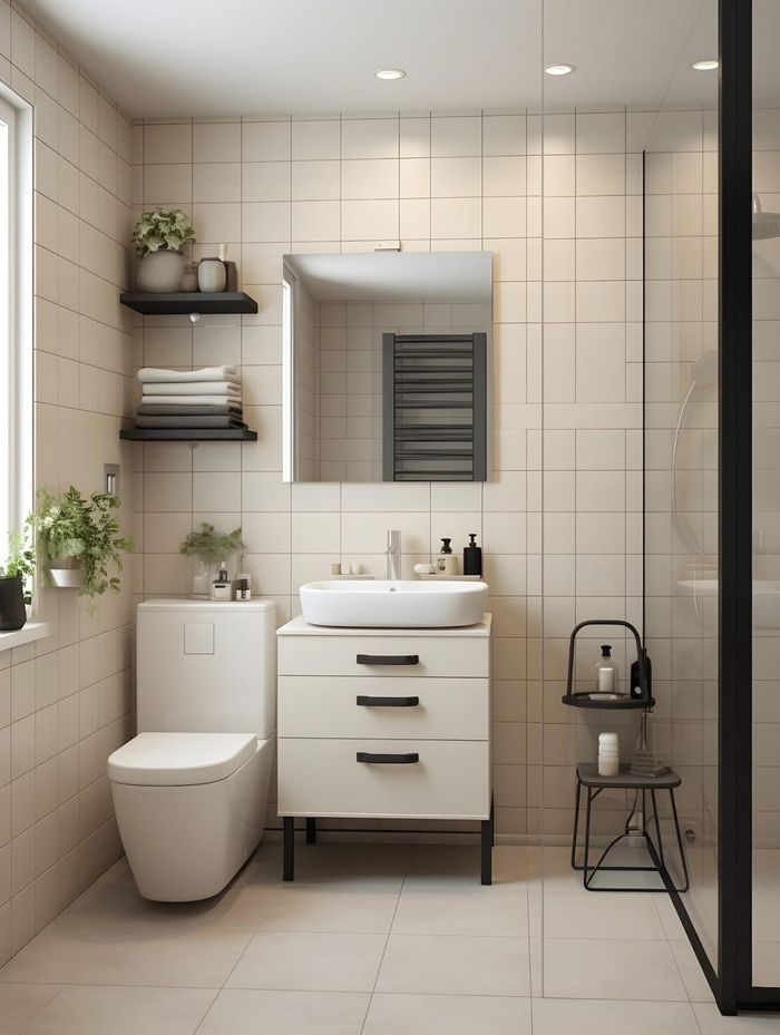 Baño moderno con azulejos blancos, inodoro, lavabo con mueble, espejo, estantes y cabina de ducha de cristal.