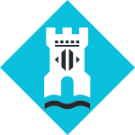 Icono de una torre de castillo blanco sobre un diamante cian con una ola negra en la parte inferior.