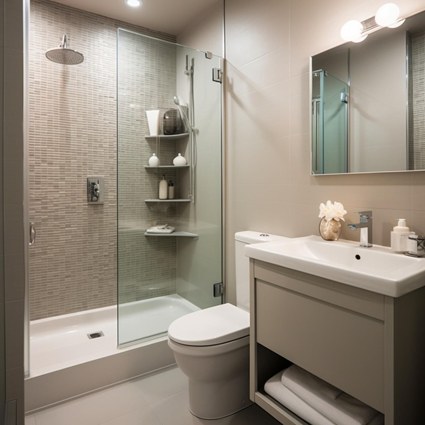 Baño moderno con ducha a ras de suelo, inodoro, lavabo con mueble y espejo en tonos neutros.