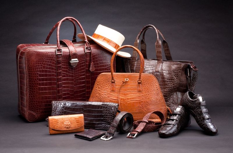 Des sacs en cuirs entourés de portefeuilles, ceinture et chaussures.