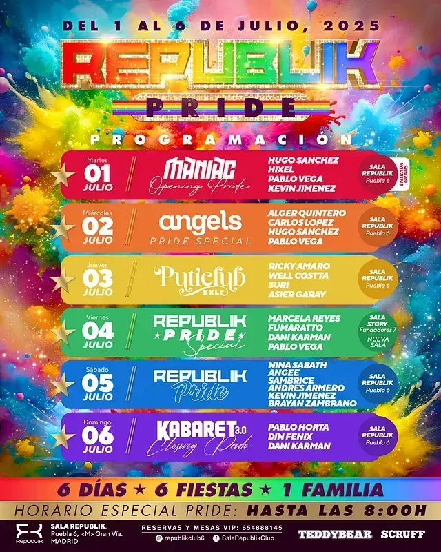 Cartel colorido del evento Republik Pride del 1 al 6 de julio de 2025, con calendario de artistas y horarios especiales.
