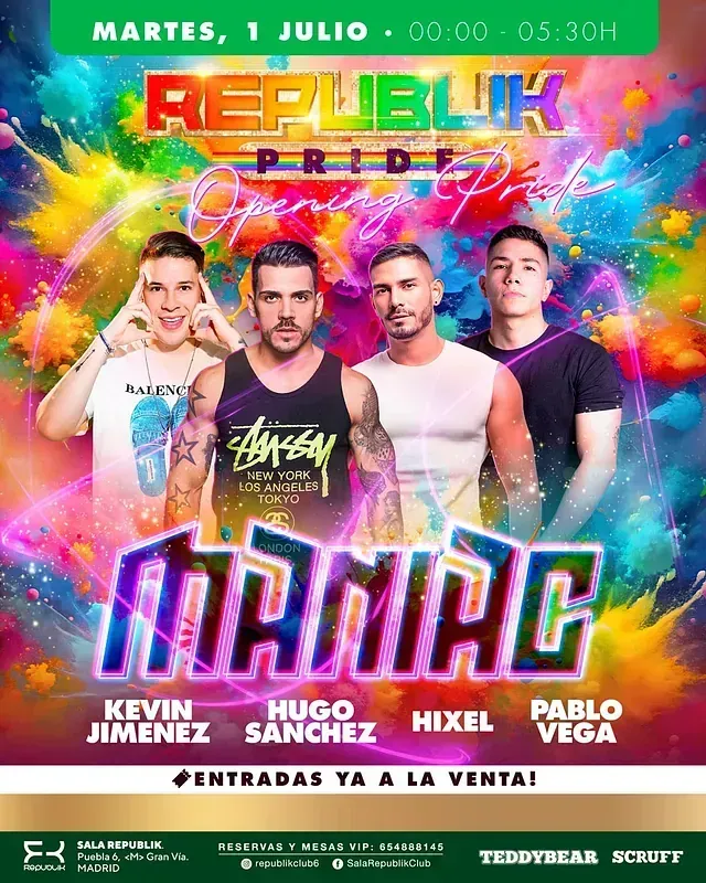 Cartel promocional del evento Republic Pride del 1 de julio. Presenta a cuatro hombres, el nombre del evento y los nombres de los artistas, con un diseño colorido.