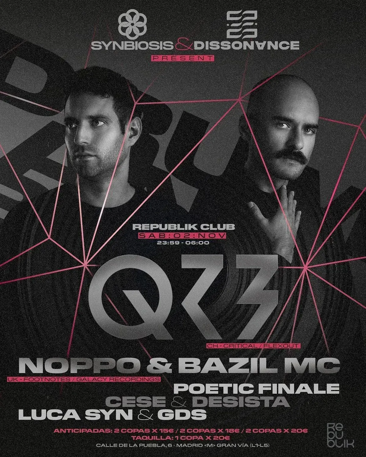 Cartel promocional: Evento Q33 con los cabezas de cartel Noppo y Bazil MC, en Republik Club, con DJs y un diseño oscuro y geométrico.