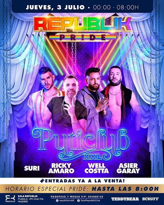 Folleto del evento Republik Pride con la alineación de DJ que incluye a Suri, Ricky Amaro, Well Costta y Asier Garay.