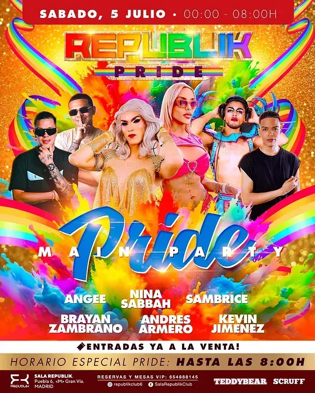 Cartel promocional del evento Republic Pride. Presenta a los artistas, los colores del arcoíris y detalles del evento.