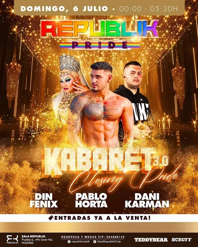 Póster del evento Republic Pride. Presenta a tres artistas: una drag queen, un hombre sin camisa y un DJ. Diseño dorado y colorido.