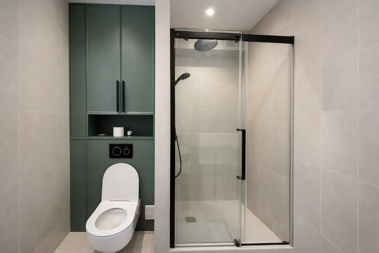 Baño moderno con inodoro blanco suspendido, armarios de almacenamiento de color verde oscuro y ducha