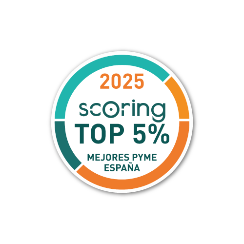 2025 scoring, Top 5% Mejores Pyme España badge. White, teal, orange circle.