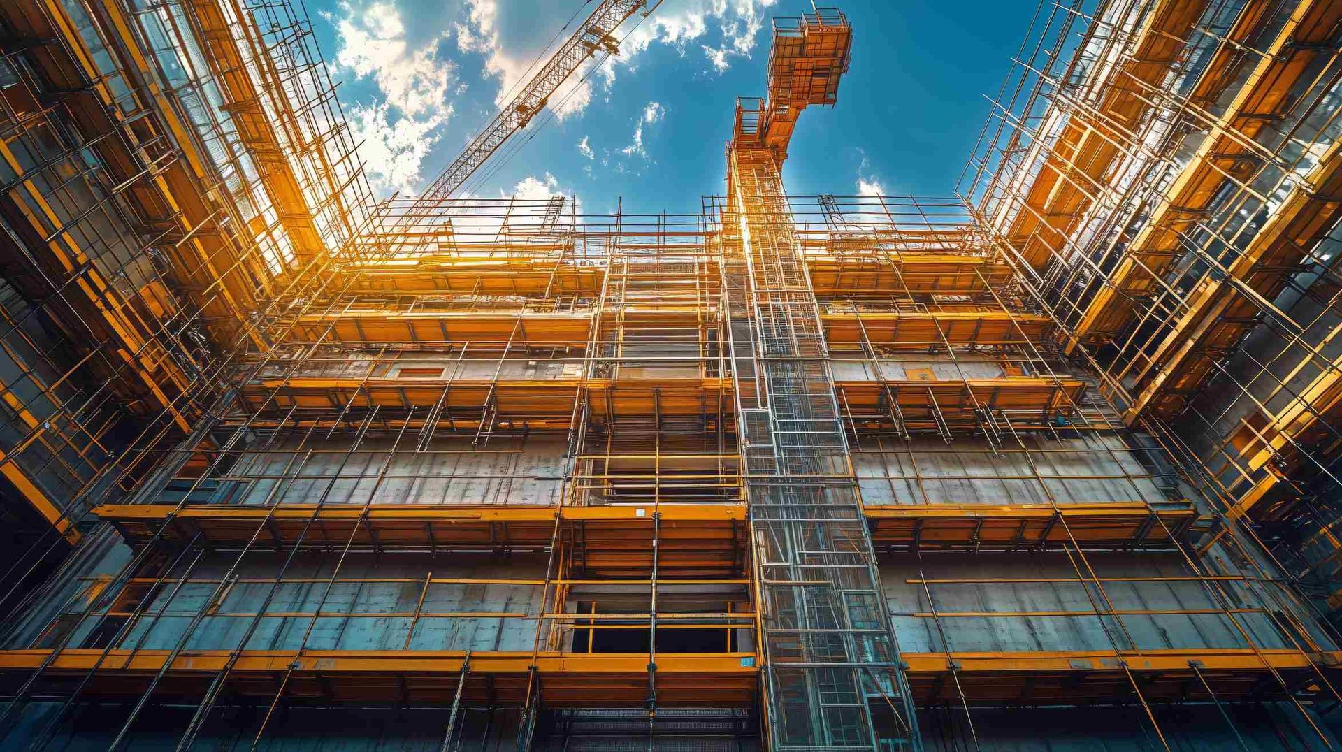 Sitio de construcción de un edificio, andamios y una grúa contra un cielo azul.