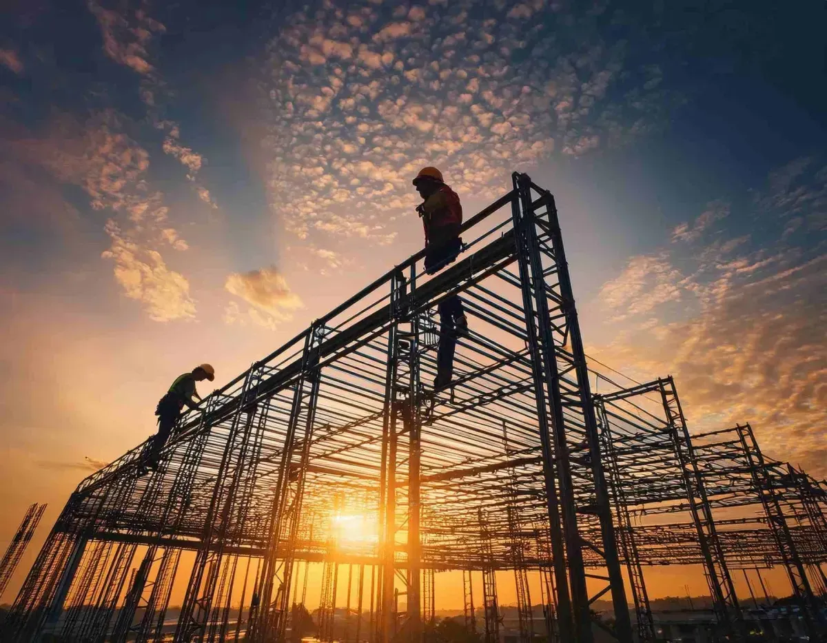 Trabajadores de la construcción en un edificio con estructura de acero al atardecer.