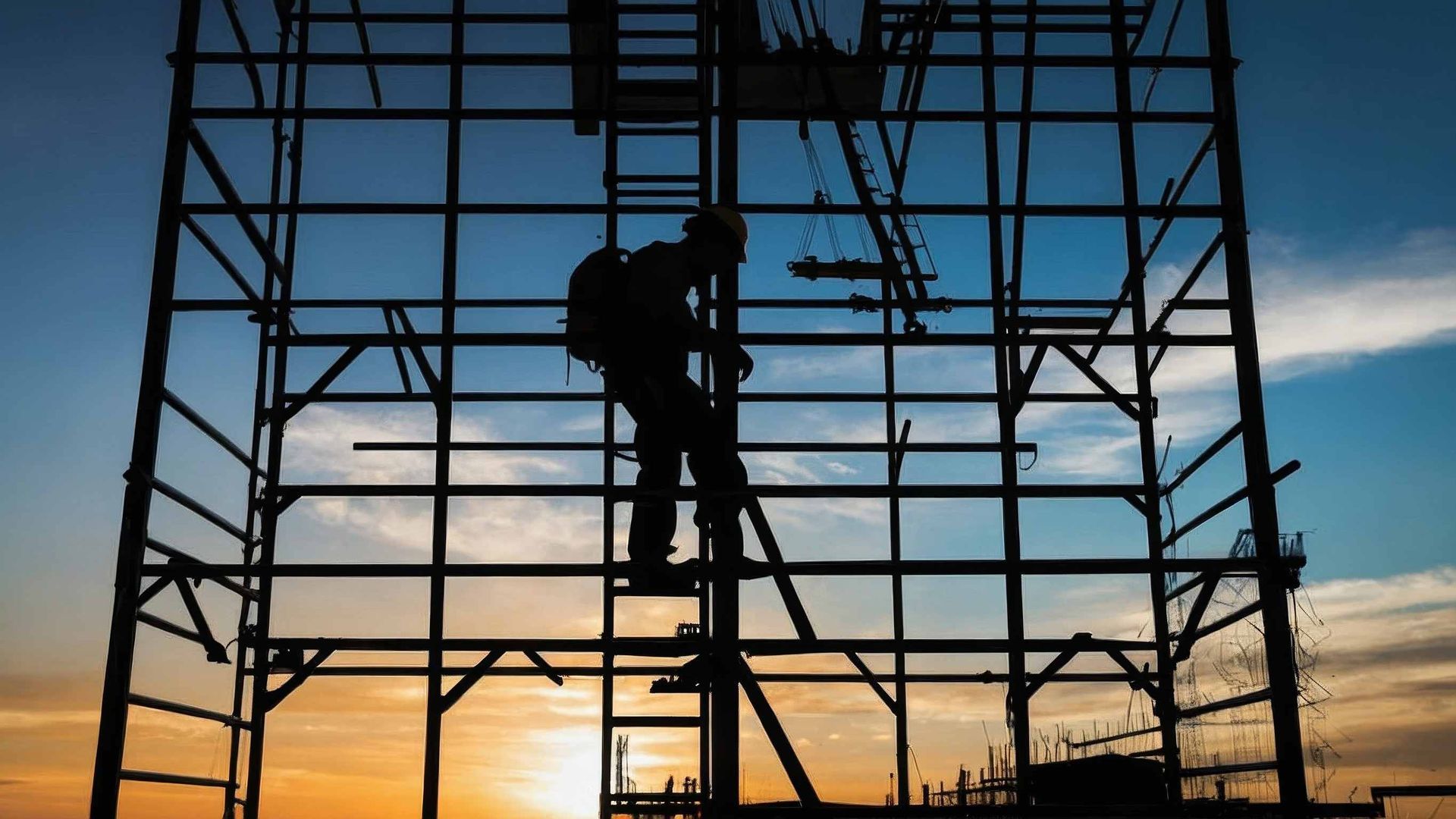Silueta de una persona trepando una estructura metálica ante un atardecer colorido.