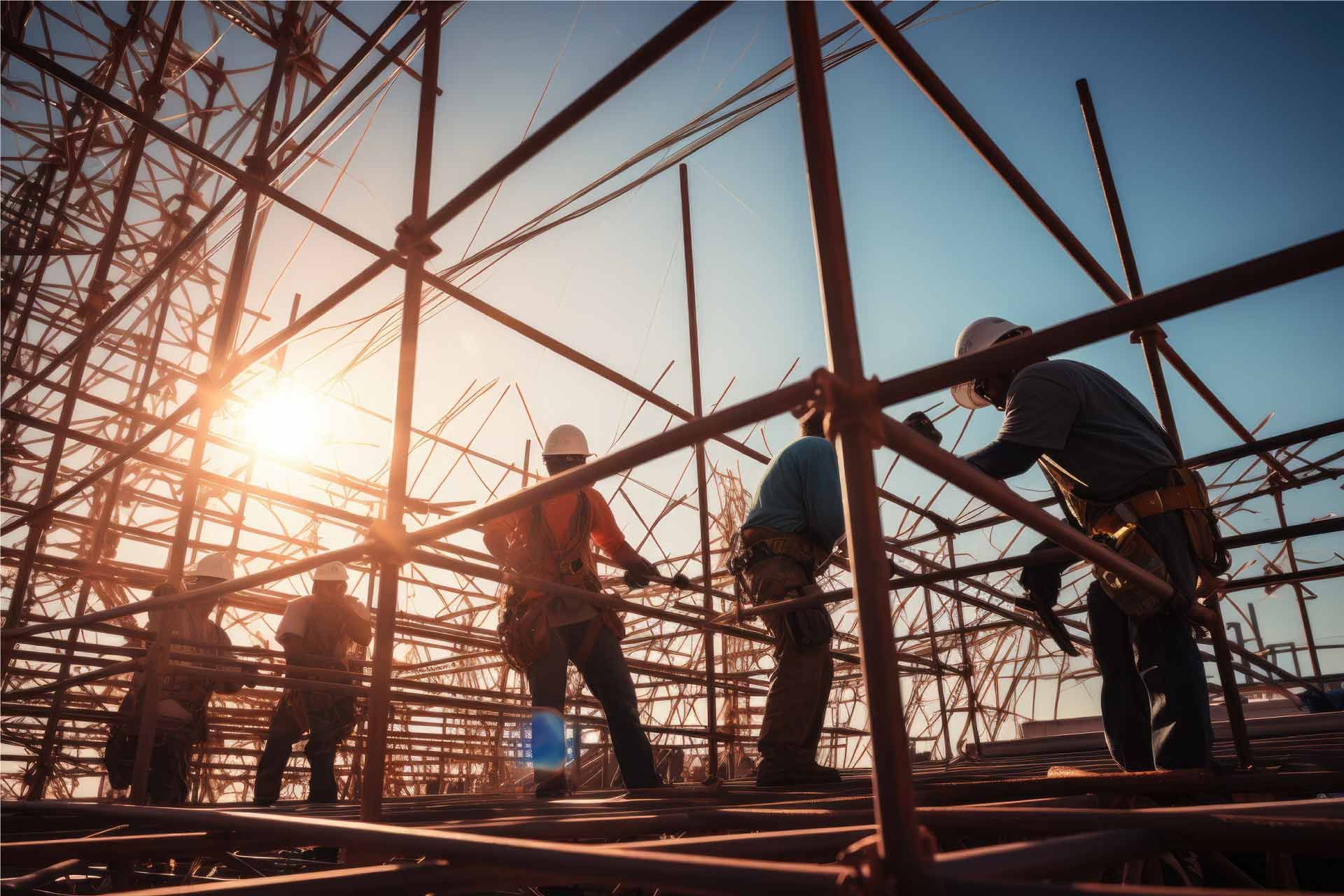 Obreros de la construcción sobre andamios, recortados contra una puesta de sol, en una obra en construcción.