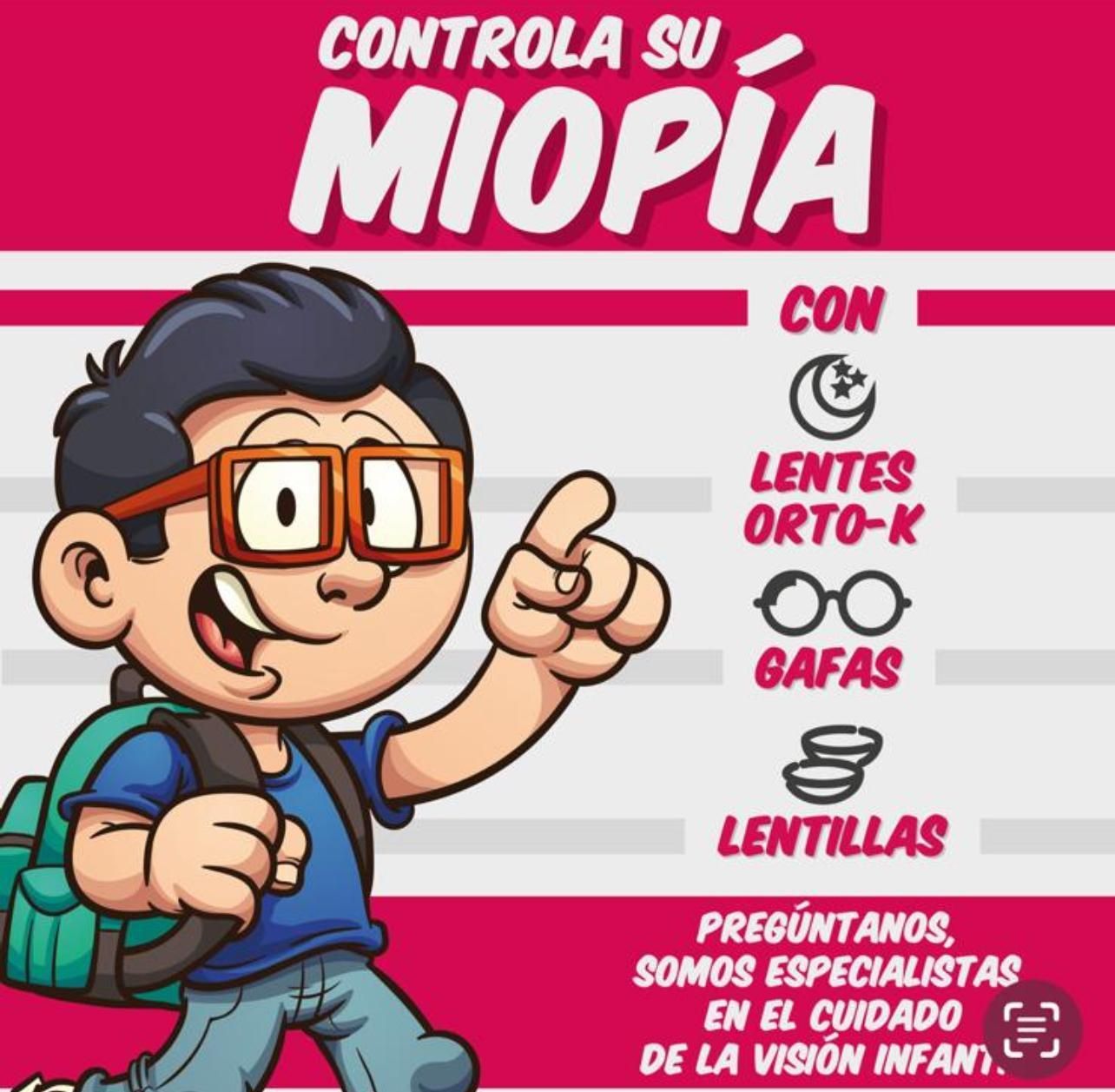 Cartel rosa sobre controlar la miopía con lentes orto-K, gafas y lentillas; niño con mochila señala al frente.