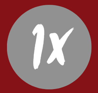 Grauer Kreis mit weißem „1x“ auf rotem Hintergrund.