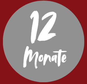 Grauer Kreis mit der Aufschrift „12 Monate“ in Weiß auf kastanienbraunem Hintergrund.