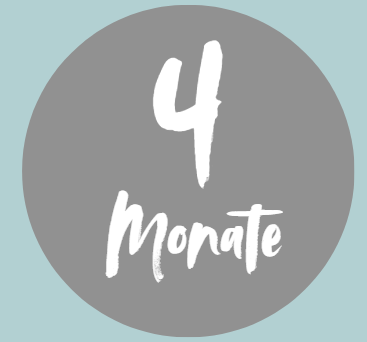 Grauer Kreis mit der Zahl „4“ und dem Wort „Monate“ in Weiß auf blaugrünem Hintergrund.