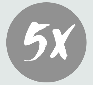 Weißes „5x“ auf grauem Kreis.