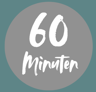 Ein grauer Kreis mit der Zahl „60“ und dem Wort „Minuten“ in Weiß auf blaugrünem Hintergrund.