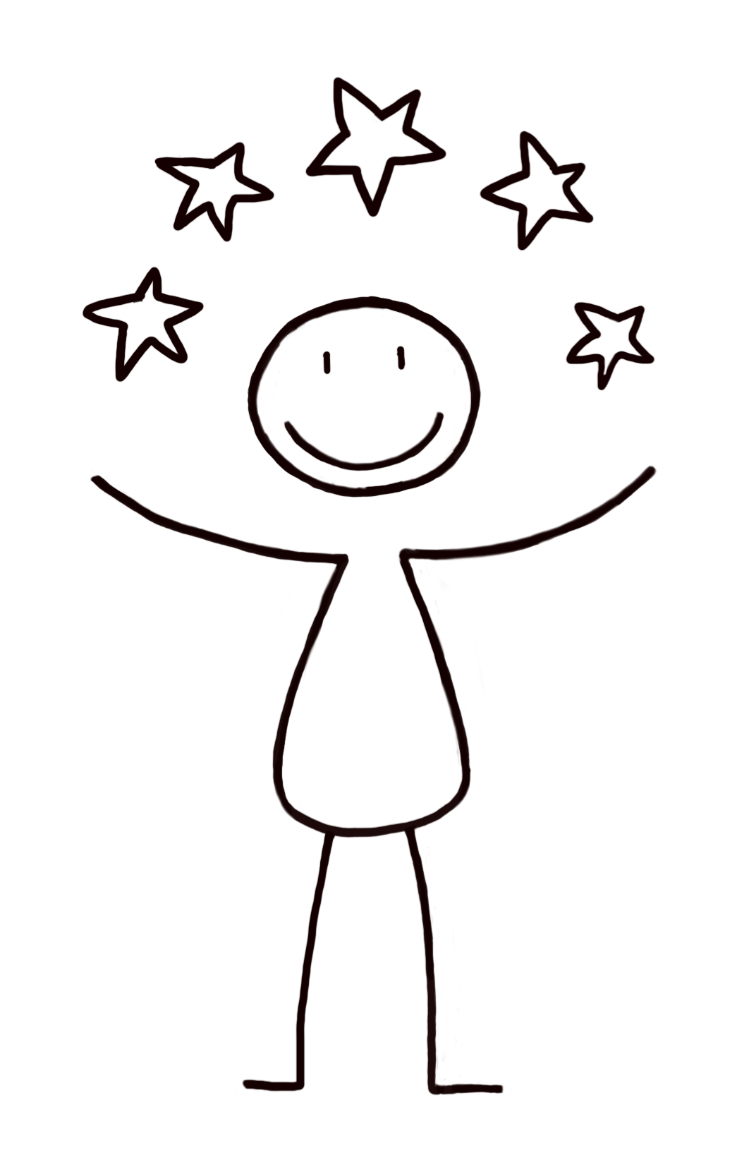 Strichmännchen mit erhobenen Armen und lächelnd, mit fünf Sternen über dem Kopf.