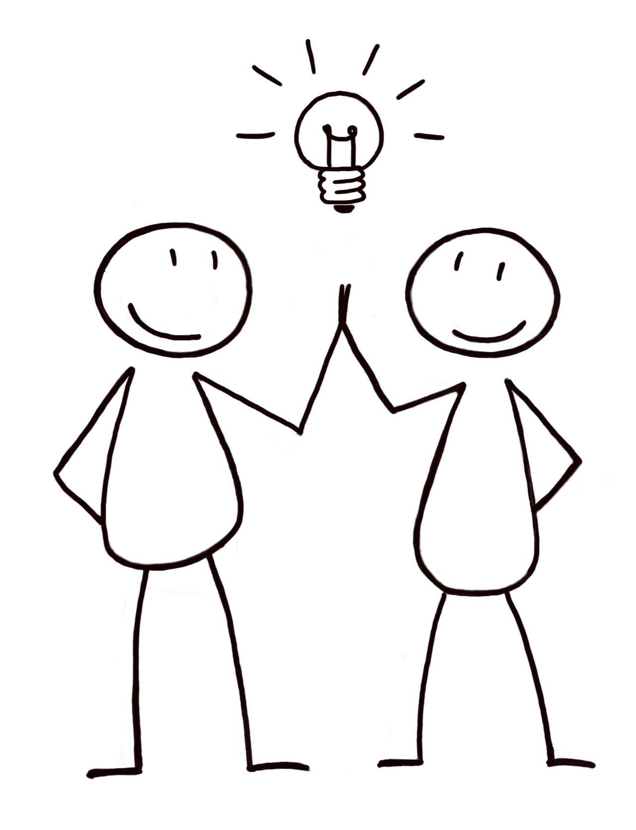 Zwei Strichmännchen geben sich ein High Five, über ihnen eine Glühbirne. Sie feiern eine neue Idee.