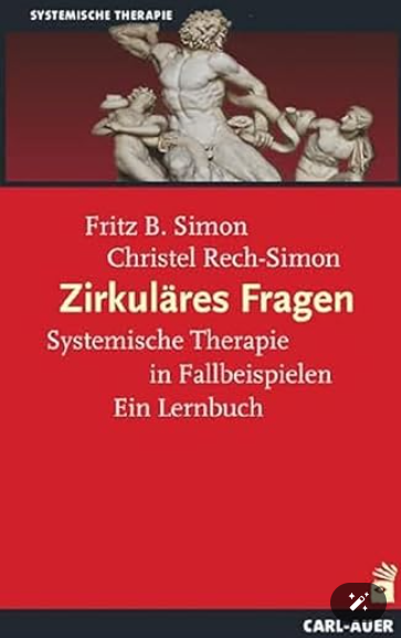 Buchcover: „Zirkuläres Fragen“, mit rotem Hintergrund, Skulptur und Autorennamen.