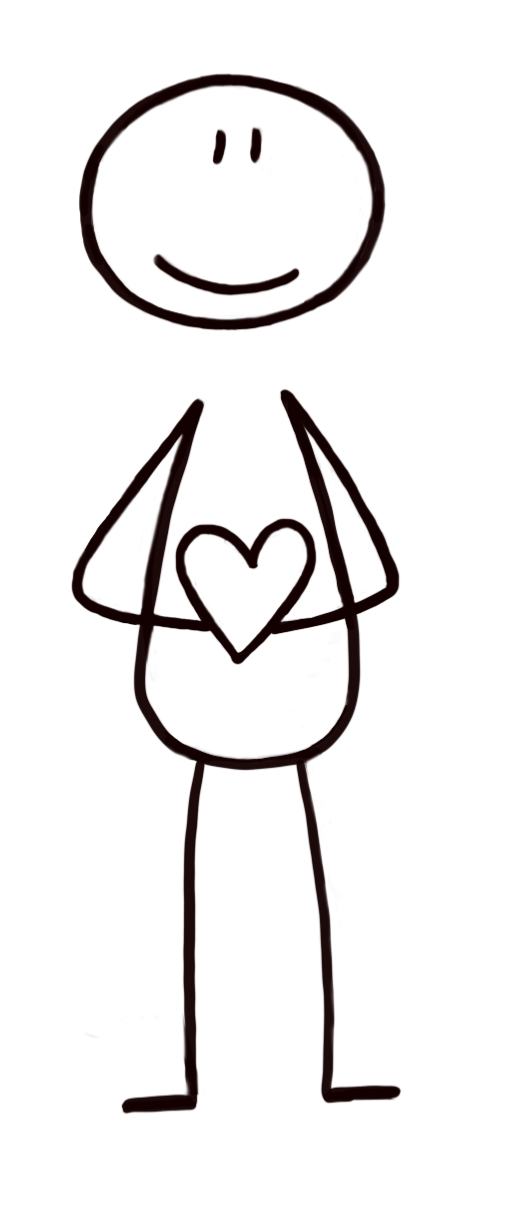 Strichmännchen mit einem lächelnden Gesicht, das ein Herz hält.