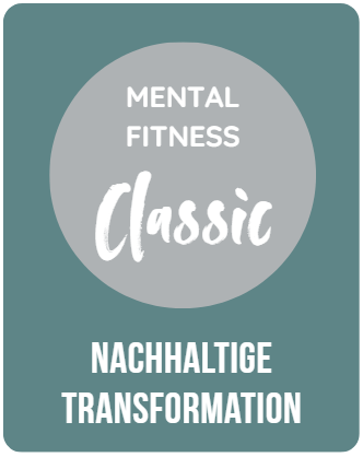 Ein blaugrünes Quadrat mit einem grauen Kreis mit der Aufschrift „Mental Fitness Classic“ und „Solide Basis“ darüber.