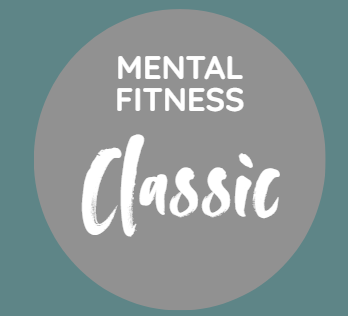 Grauer Kreis mit „Mental Fitness Classic“ in weißem Text auf blaugrünem Hintergrund.