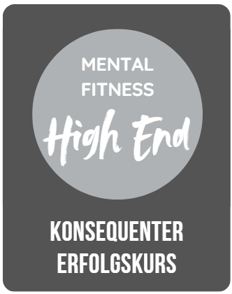 Dunkelgraues Quadrat mit dem Text „DAUER-POWER“. Kreis mit den Aufschriften „MENTAL FITNESS“ und „High End“ in Weiß.