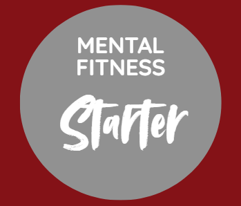 „Mental Fitness Starter“-Text in Weiß auf einem grauen Kreis vor einem kastanienbraunen Hintergrund.