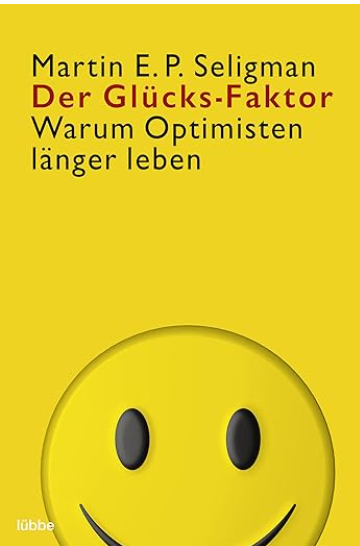 Buchcover „Der Glücks-Faktor“ mit gelbem Smiley, rotem Text und gelbem Hintergrund.