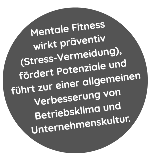 Ein grauer Kreis mit weißem Text, der die geistige Fitness zur Stressprävention, für potenzielles Wachstum und eine verbesserte Unternehmenskultur fördert.