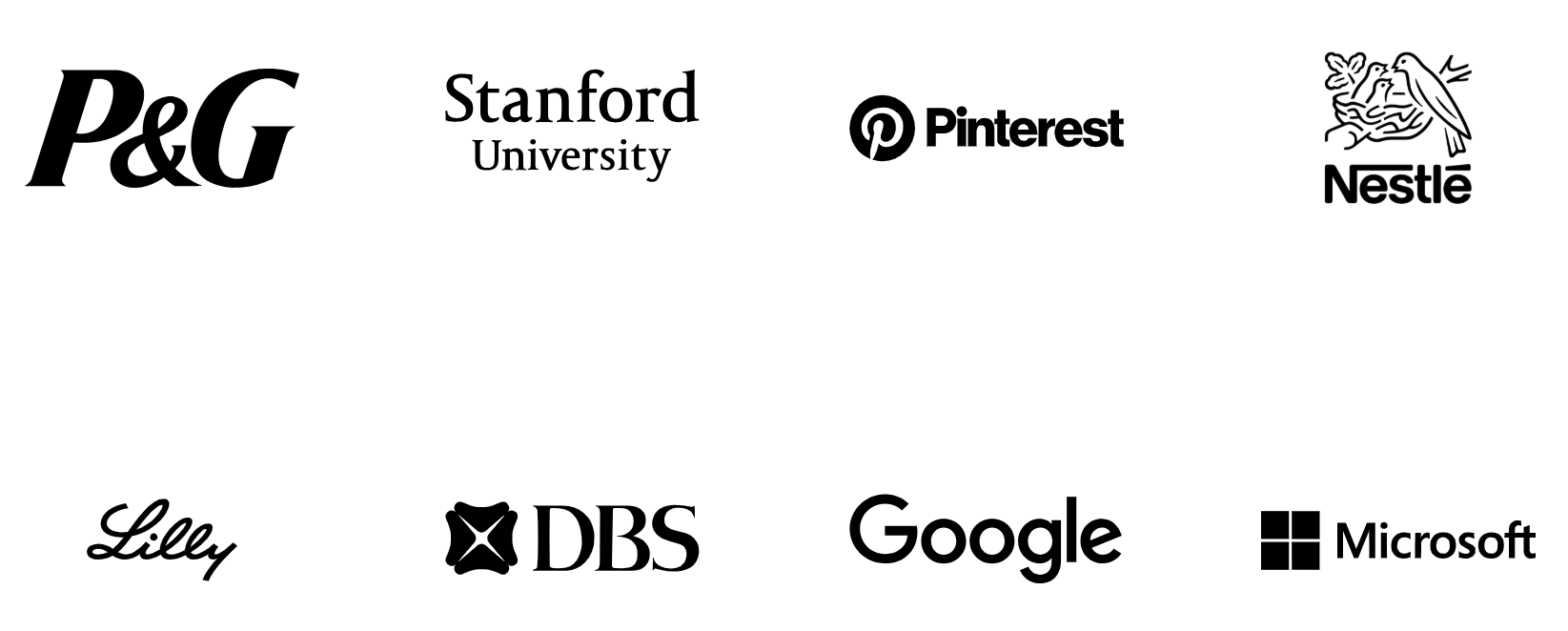Logos von P&G, Stanford University, Pinterest, Nestlé, Lilly, DBS, Google und Microsoft.