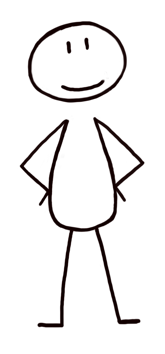 Strichmännchen mit ovalem Körper und Kopf, Arme auf den Hüften, lächelnd.