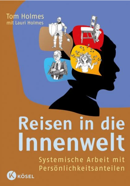 Buchcover: Silhouette mit schwebenden Bildern. Titel „Reisen in die Innenwelt“. Braun, Blau, Figuren.