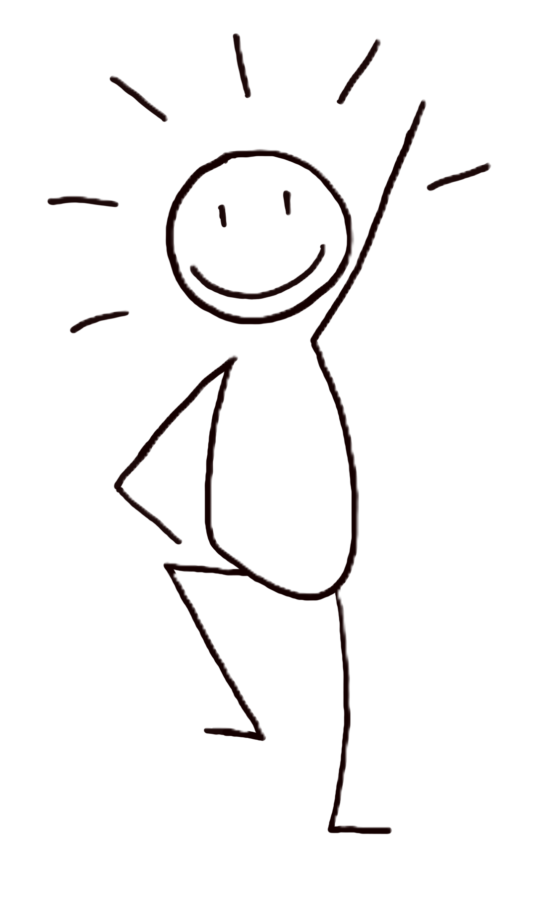 Strichmännchen mit lächelndem Gesicht, erhobenem Arm und Bein, das Licht ausstrahlt.