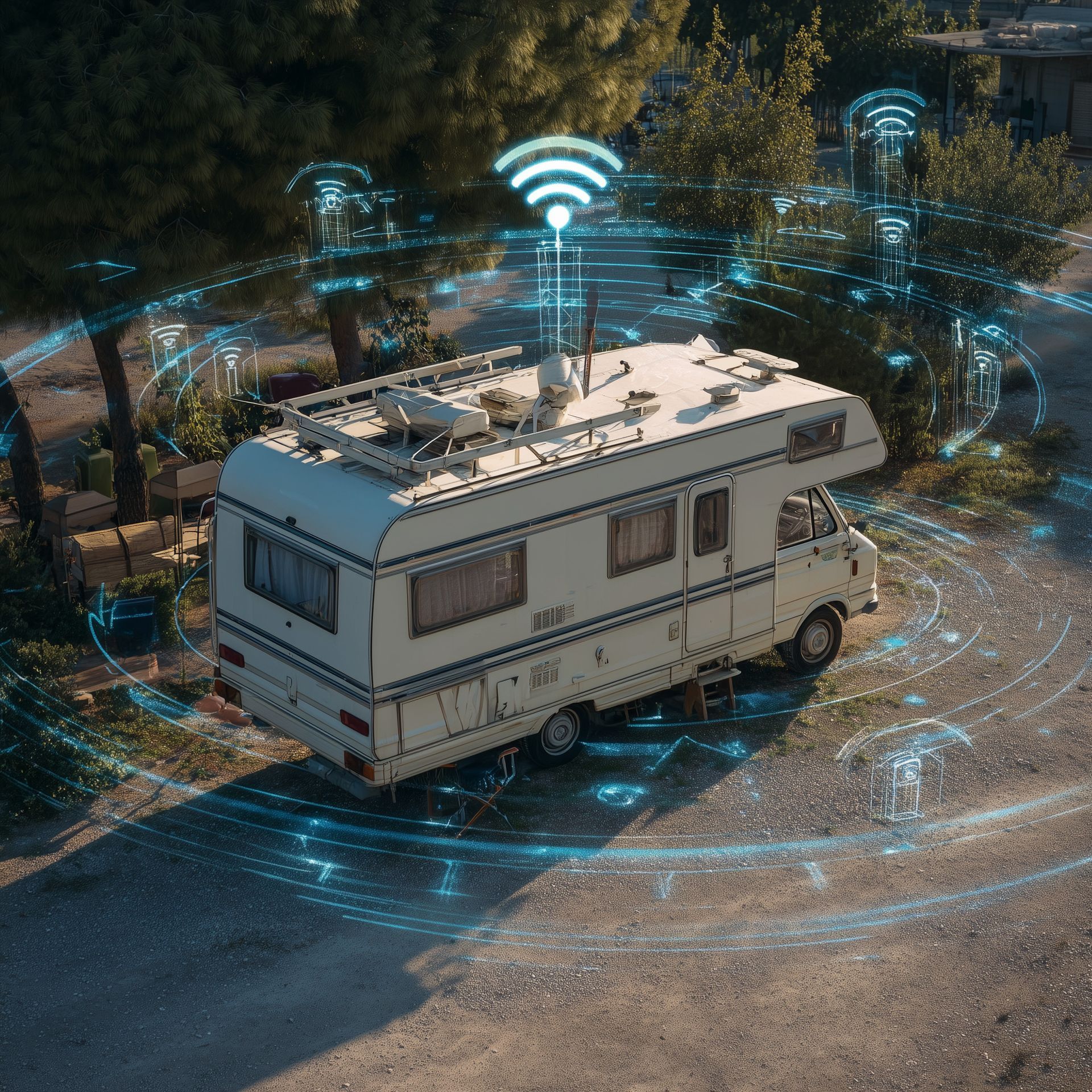 Un camping-car blanc garé sous des faisceaux Wi-Fi bleus lumineux dans un camping.