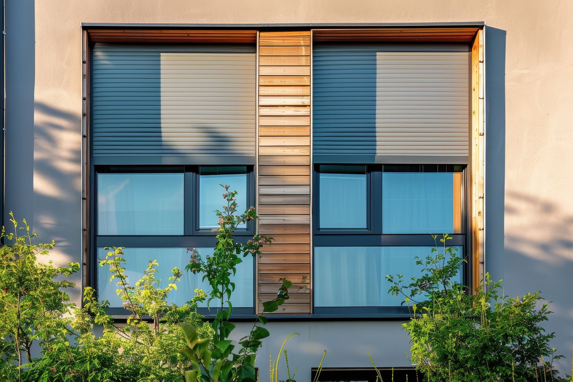 Façade d'une maison avec deux fenêtres équipées de volets roulants.