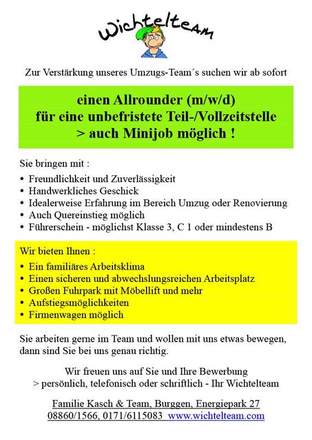 Gesucht: einen Allrounder (m/w/d) für eine unbefristete Teil-/Vollzeitstelle. Auch Minijob möglich!