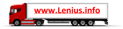 Ein roter LKW mit einem weißen Anhänger mit der Aufschrift www.lenius.info