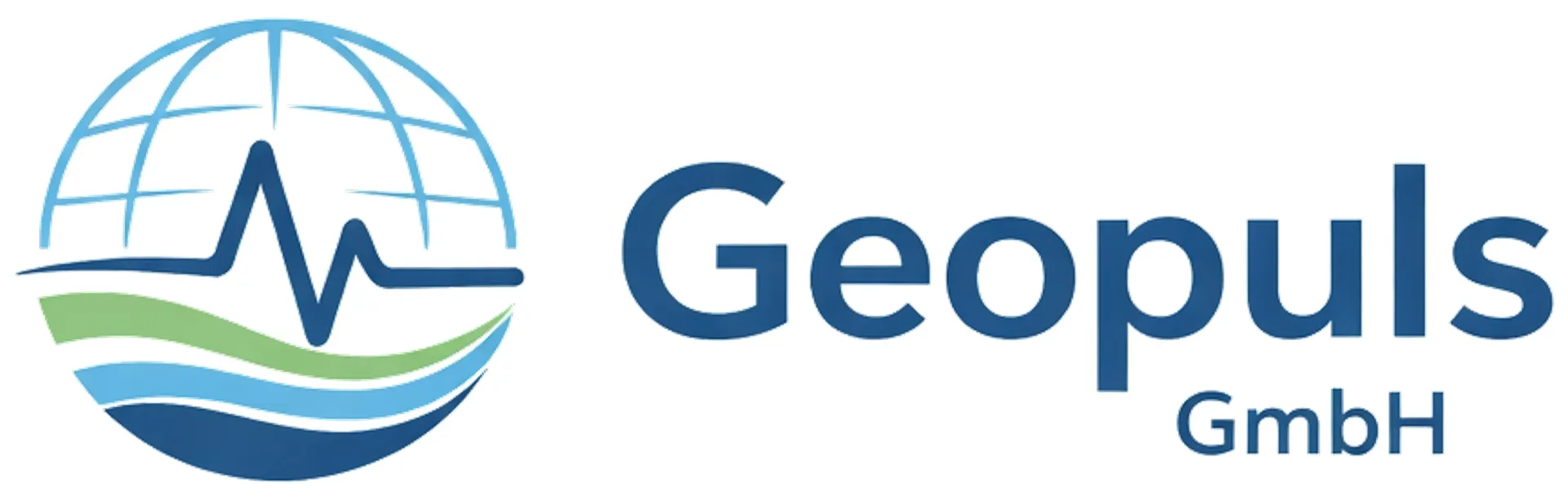 Geopuls GmbH-Logo mit Globus, EKG-Linie und blaugrünen Wellenakzenten