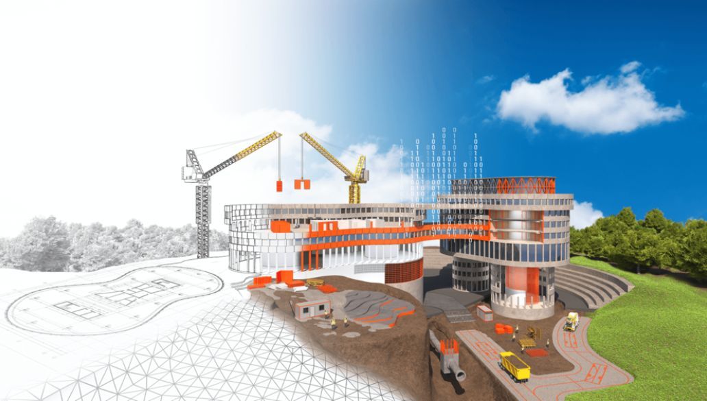 Eine Zeichnung eines im Bau befindlichen Gebäudes neben einem Bild eines im Bau befindlichen Gebäudes.