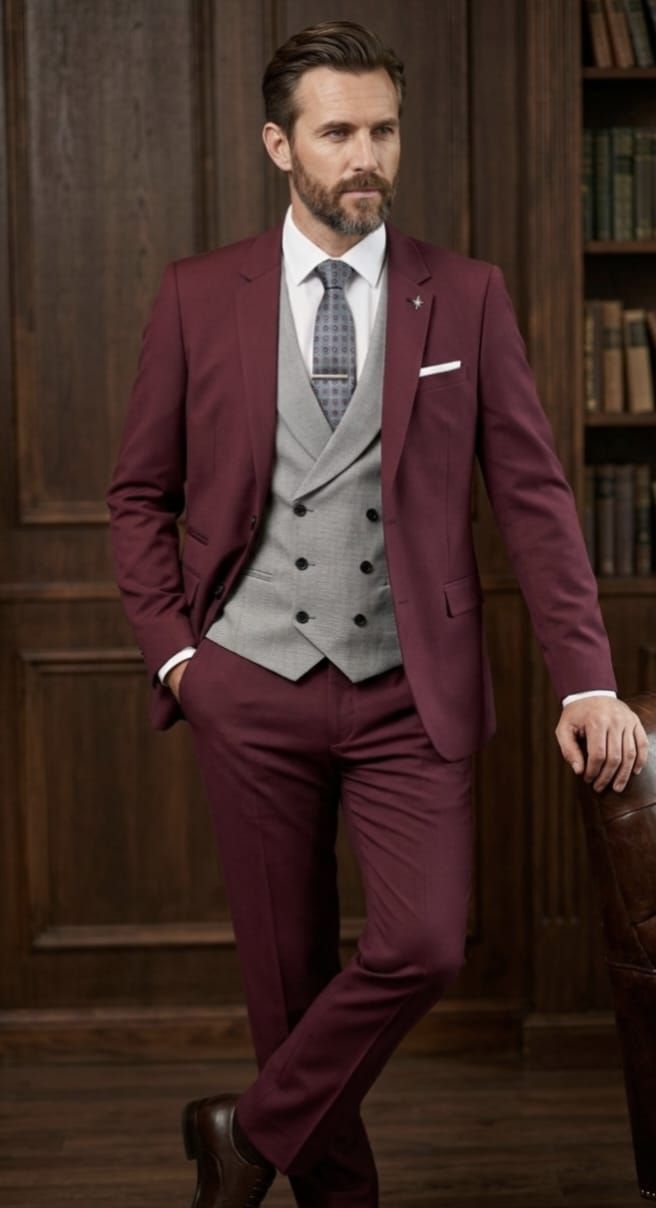 Una persona vestida con un traje color burdeos