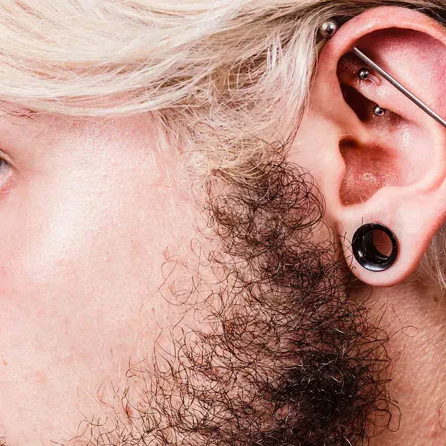 Primer plano de la oreja de una persona con múltiples perforaciones, incluido un lóbulo estirado y una barra industrial.