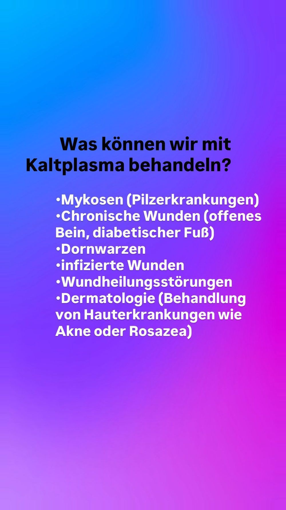 Deutsche Folie zur Kaltplasmatherapie mit Anwendungsgebieten wie Wunden, Entzündungen, Schmerzen und Akne auf blau-rosa Farbverlaufshintergrund