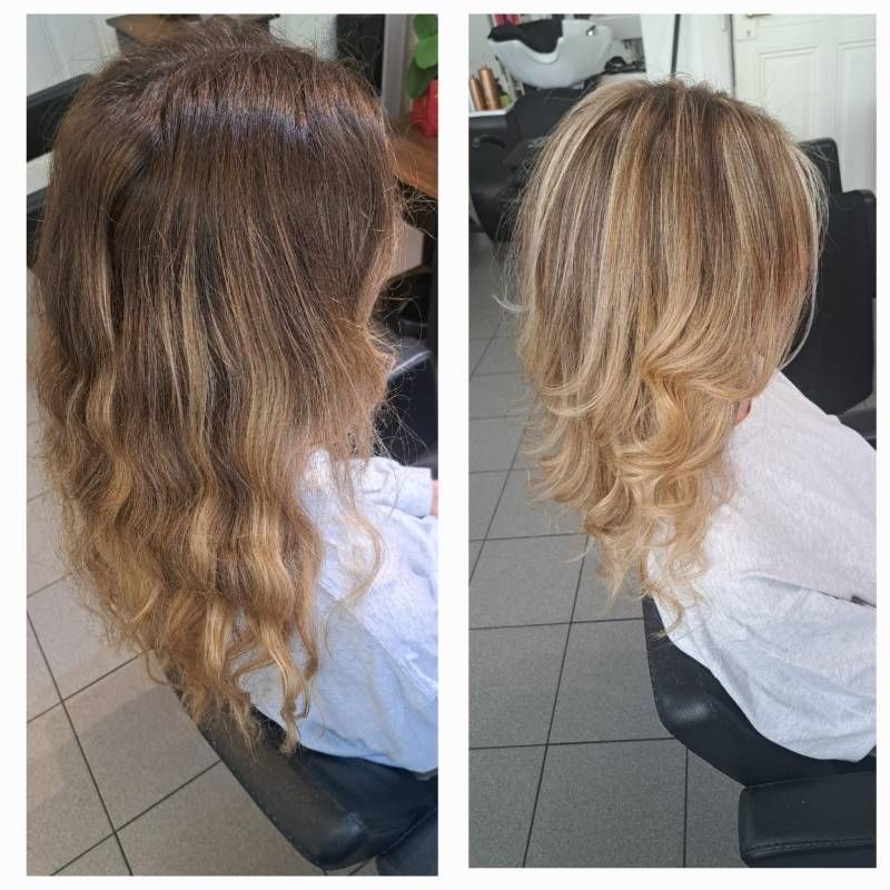 Une photo avant et après des cheveux d'une femme dans un salon.