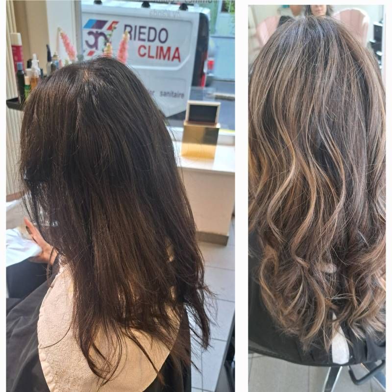 Une photo avant et après des cheveux d'une femme dans un salon